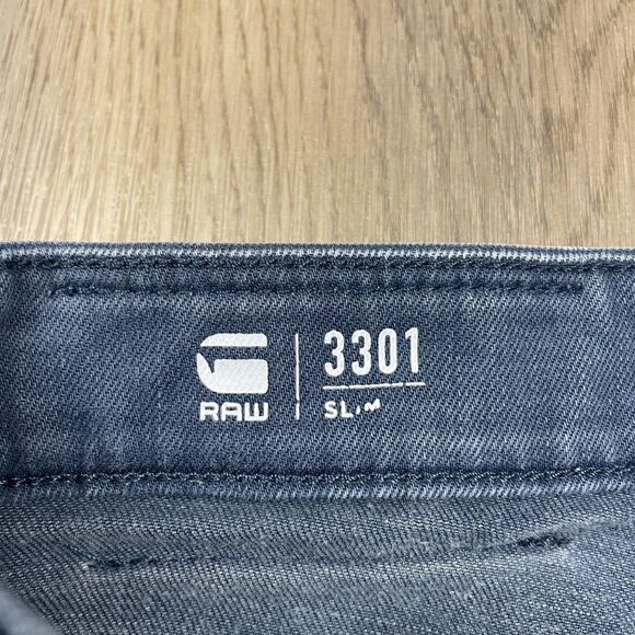 G-Star RAW 3301 Slim Jeans Mens 32x30 Blue Distressed Repair Italian Fabric - Picture 8 of 15